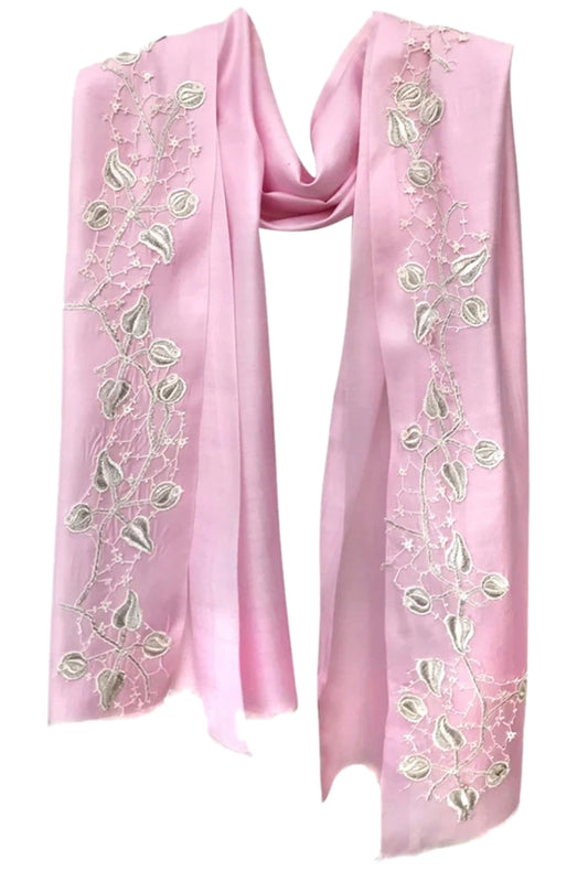 Pink Embroidered Silk Wool Scarf