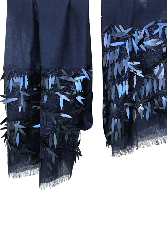 Navy Embroidered Silk Wool Cashmere-Scarf