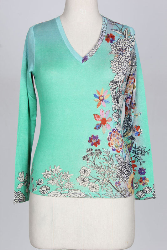 TURQUOISE FLORAL CASHMERE SILK SWEATER