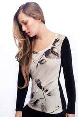 Beige Black Floral Cashmere Silk Sweater
