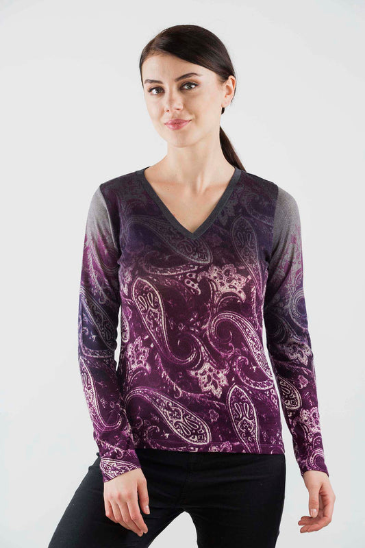 PURPLE GREY PAISELY  SILK WOOL CASHMERE SWEATER