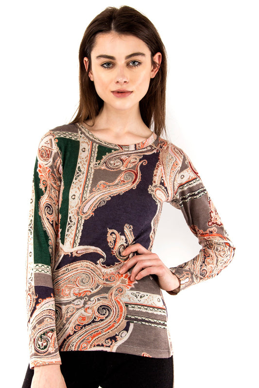 BEIGE & GREEN PAISELY SILK WOOL CASHMERE SWEATER