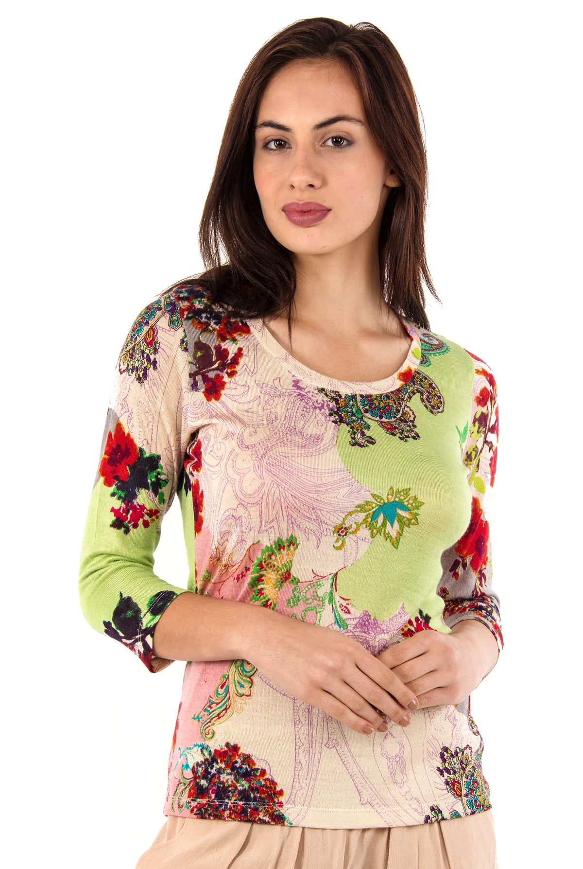 Beige & Green Floral Silk Wool Cashmere Sweater