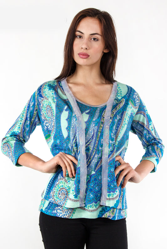 Blue Paisely Silk wool Cashmere Cardigan