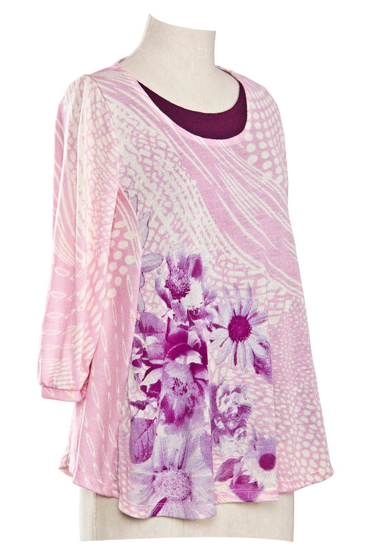 PINK FLORAL FLAIRED SILK WOOL CASHMERE SWEATER