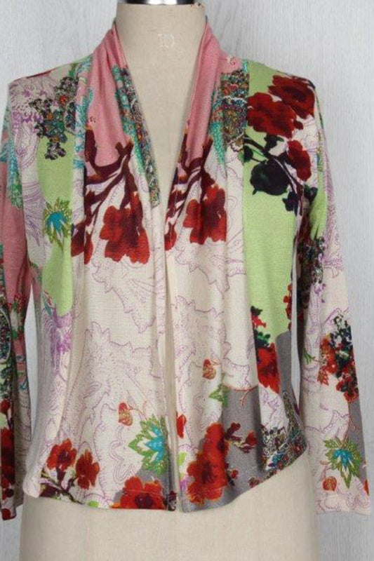 BEIGE & GREEN FLORAL OPEN FRONT SILK WOOL CASHMERE SWEATER