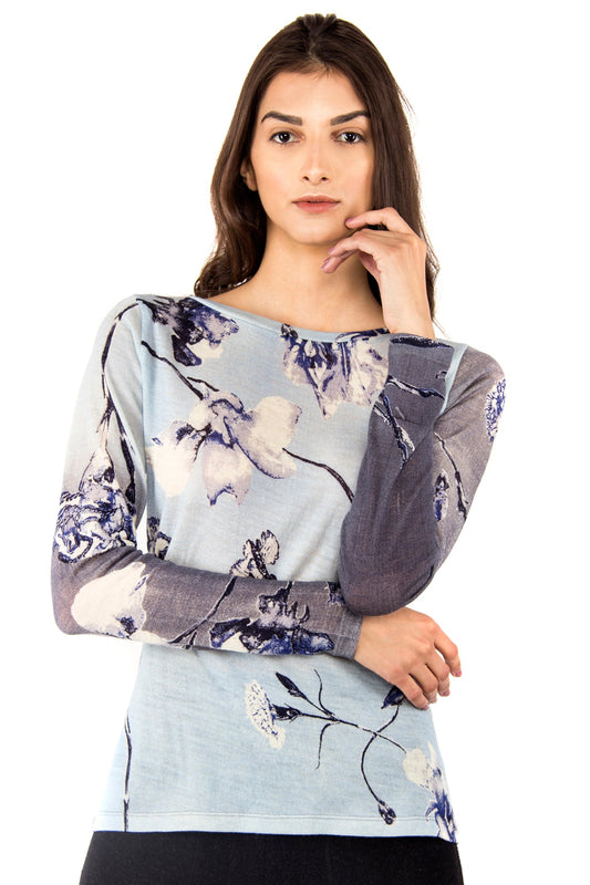 Blue & Grey Floral Silk Wool Cashmere Sweater