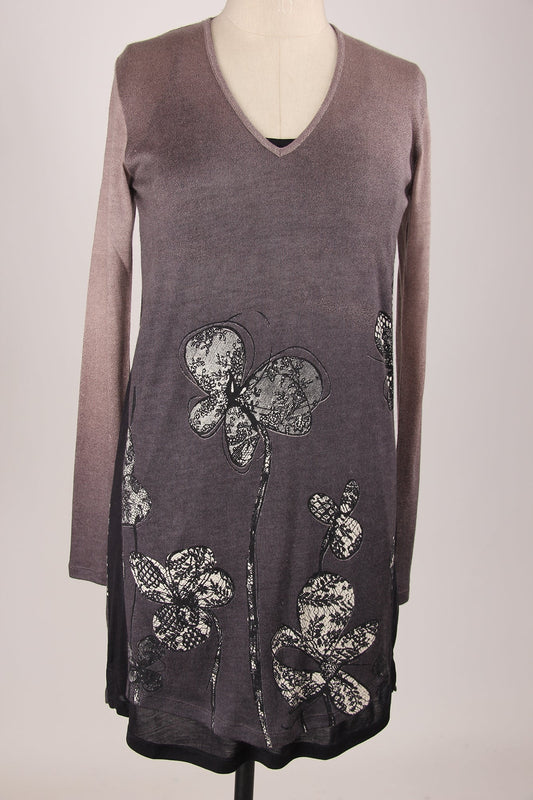Grey Floral Silk Wool Cashmere Sweater