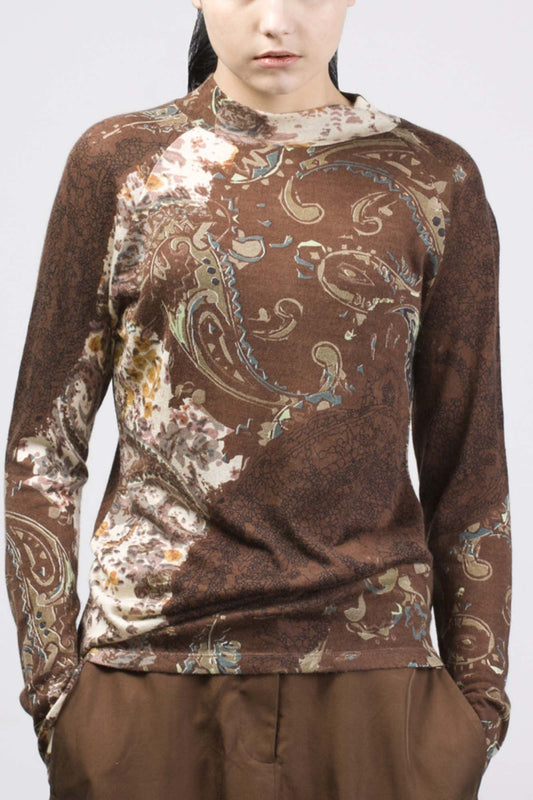 BROWN PAISELY CASHMERE SILK SWEATER