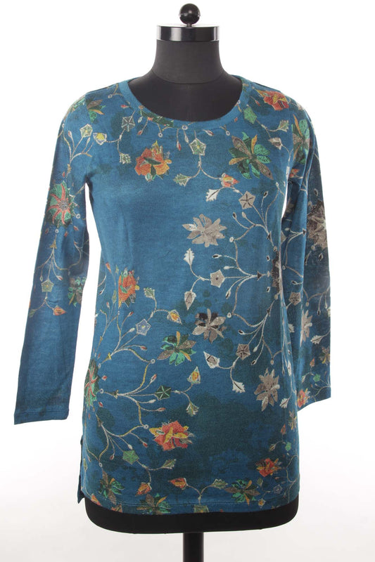 TEAL FLORAL SILK WOOL CASHMERE SWEATER