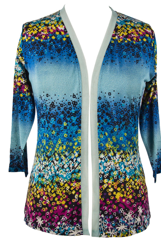 BLUE FLORAL OPEN FRONT SILK SWEATER
