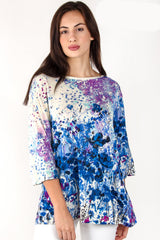White & Blue Floral Flared Silk Sweater