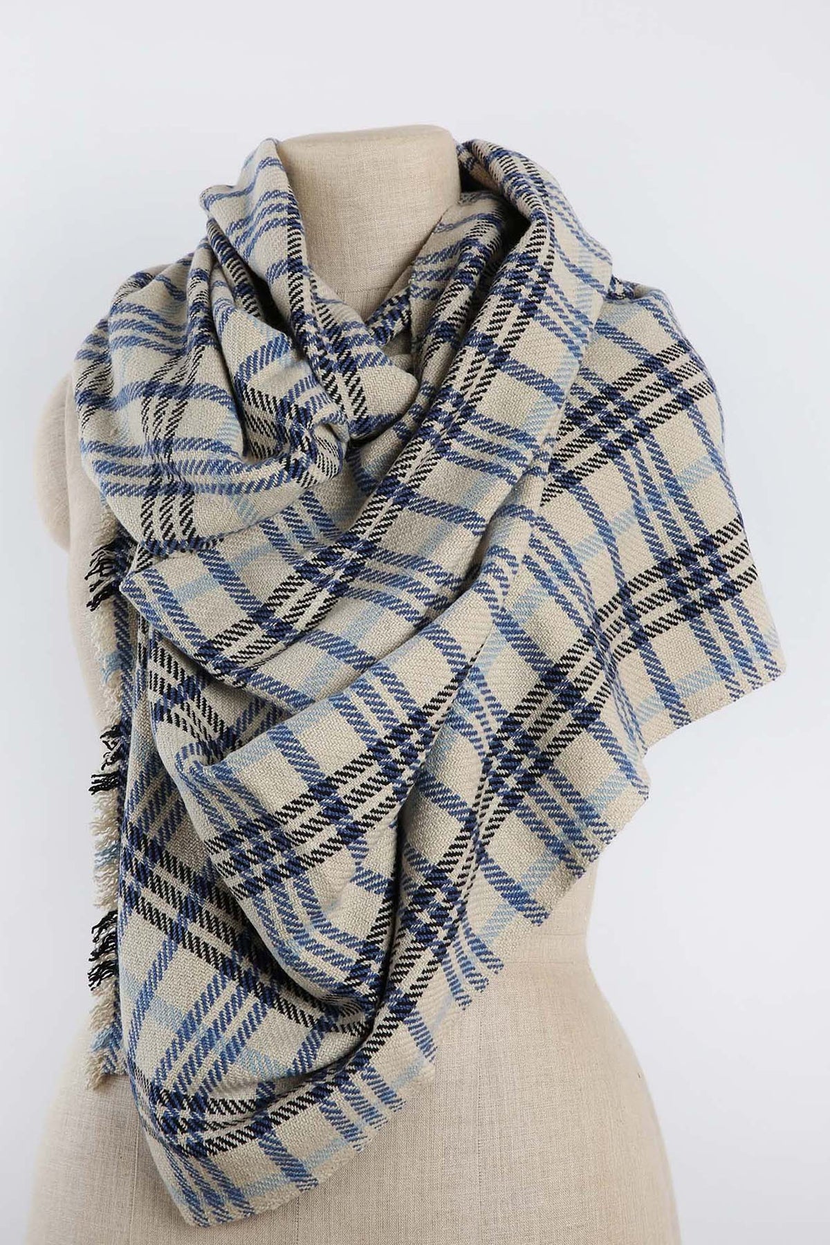 Black and Blue smog Silk Wool Cashmere Scottish plaid Scarf