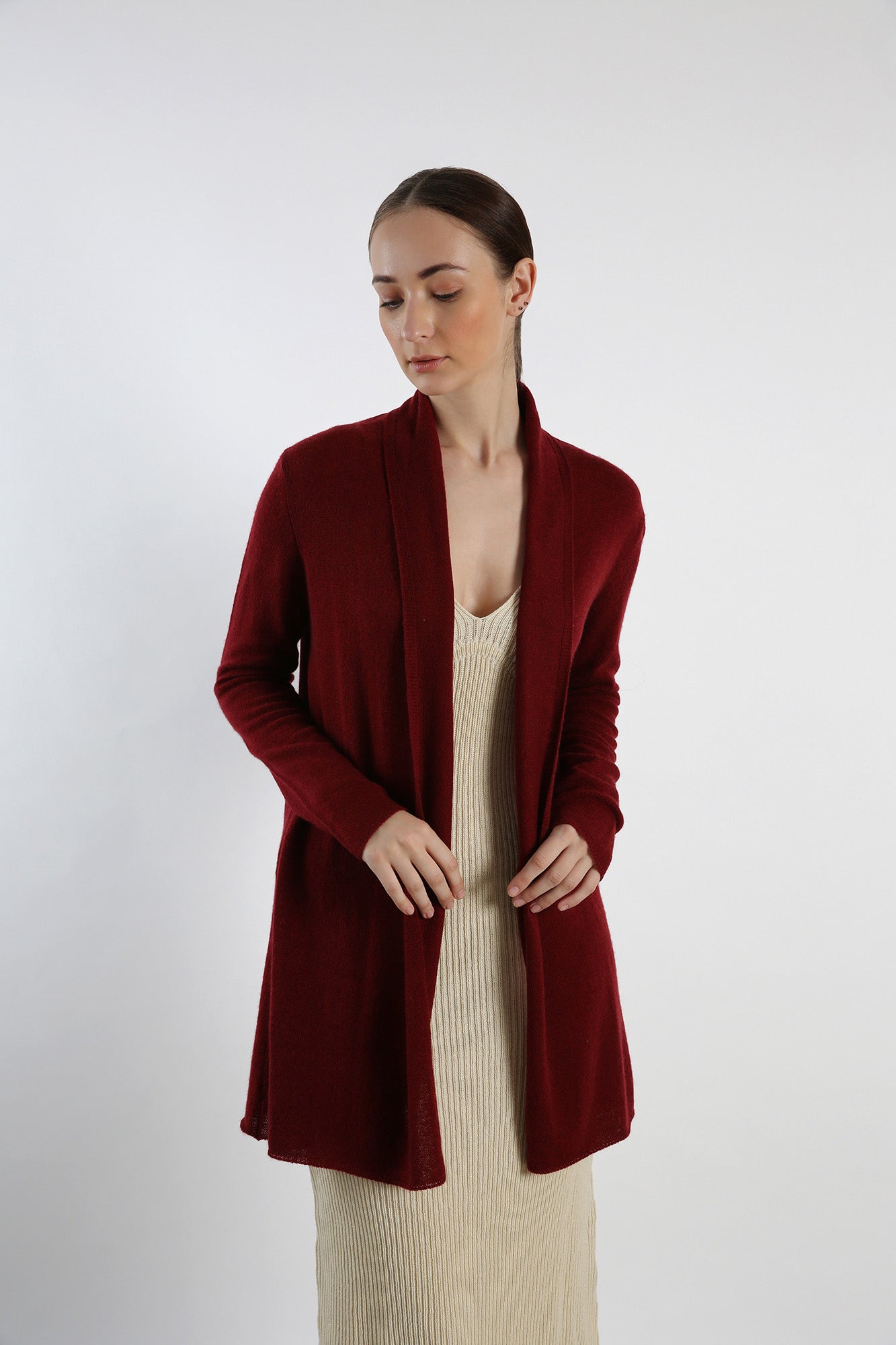 Pure Cashmere Draped Cardigan Maroon