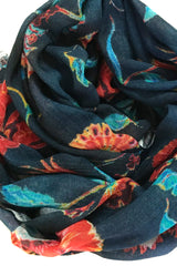 Oriental Floral Silk Linen Cashmere Scarf - Black